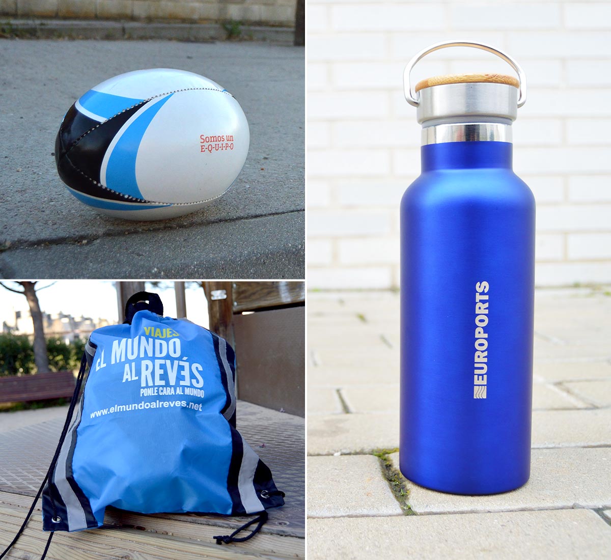 Productos para campañas de merchandising relacionadas con deporte, como balón de rugby, mochila de cuerdas y botella o bidón