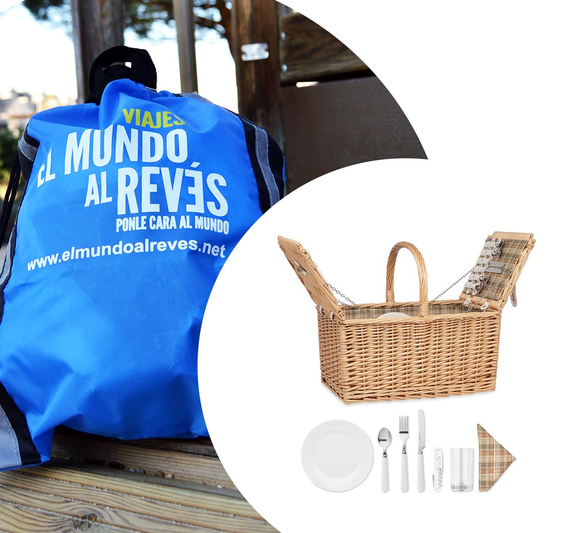 Bolsa publicitaria azul de cuerdas y cesta de picnic personalizada con logotipos y mensajes comerciales, hechas por Alvaroman, para publicidad y promoción en primavera